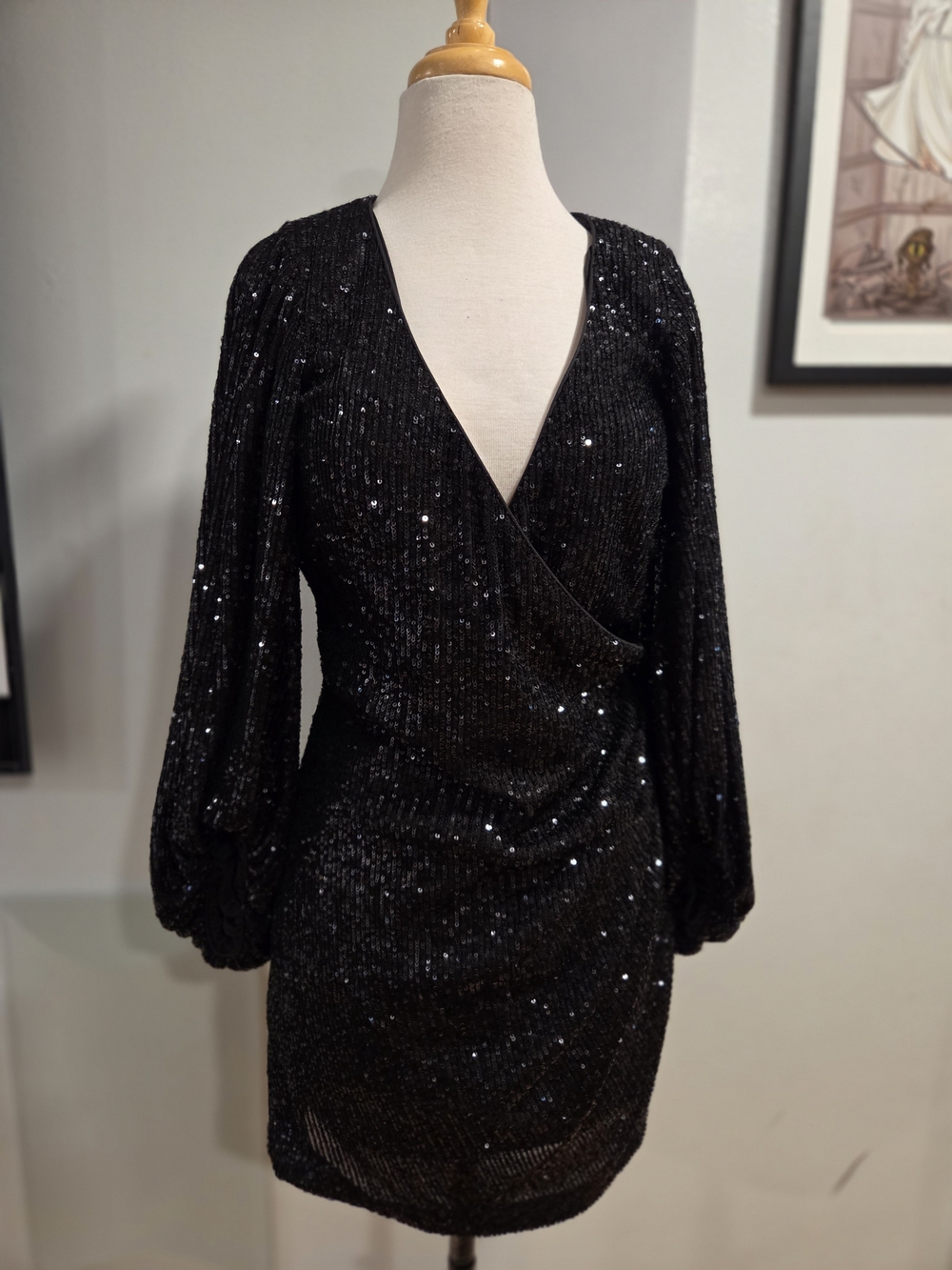 Black Sequin Wrap Mini Dress with Puff Sleeves